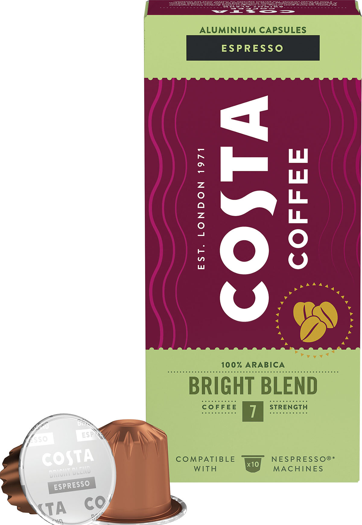 Zielone i czerwone pudełko kapsułek do espresso Costa Coffee, z kapsułkami i saszetkami do kawy.