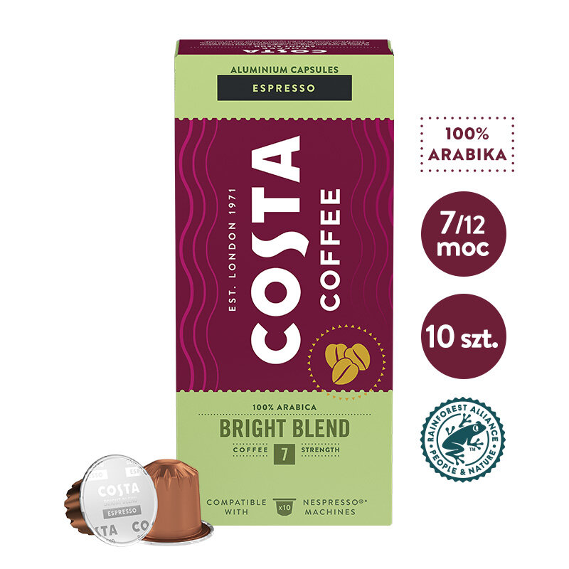 Pudełko kapsułek do kawy Costa Coffee Espresso z kapsułkami po lewej stronie. Tekst mówi "100% Arabica". Zielony i czerwony.