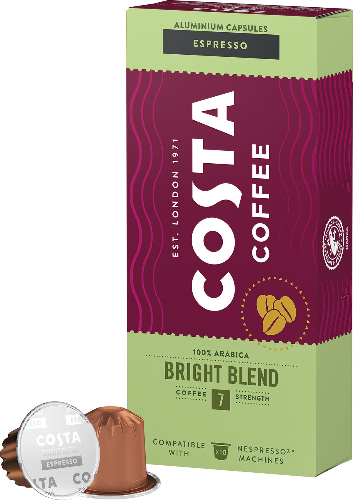 Pudełko kapsułek do espresso Costa Coffee i dwie kapsułki. Pudełko jest zielone i czerwone.