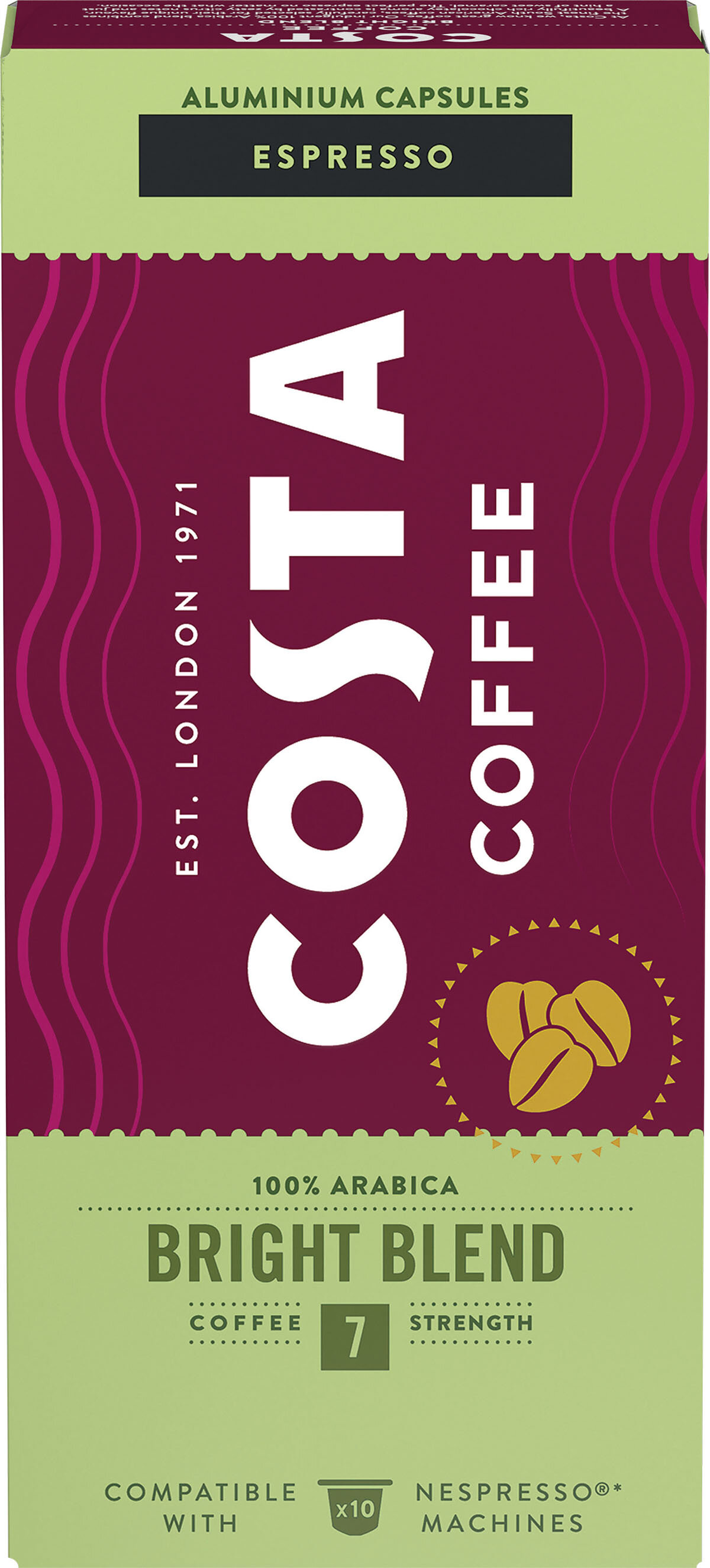 Pudełko kapsułek do espresso Costa Coffee. Pudełko jest czerwono-zielone z logo Costa Coffee.