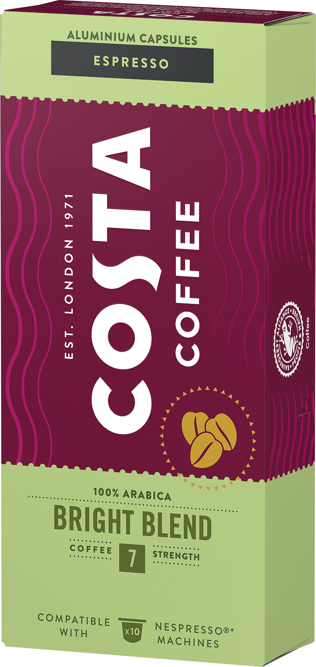 Zielono-bordowe pudełko na kapsułki do kawy z logo i tekstem Costa Coffee.