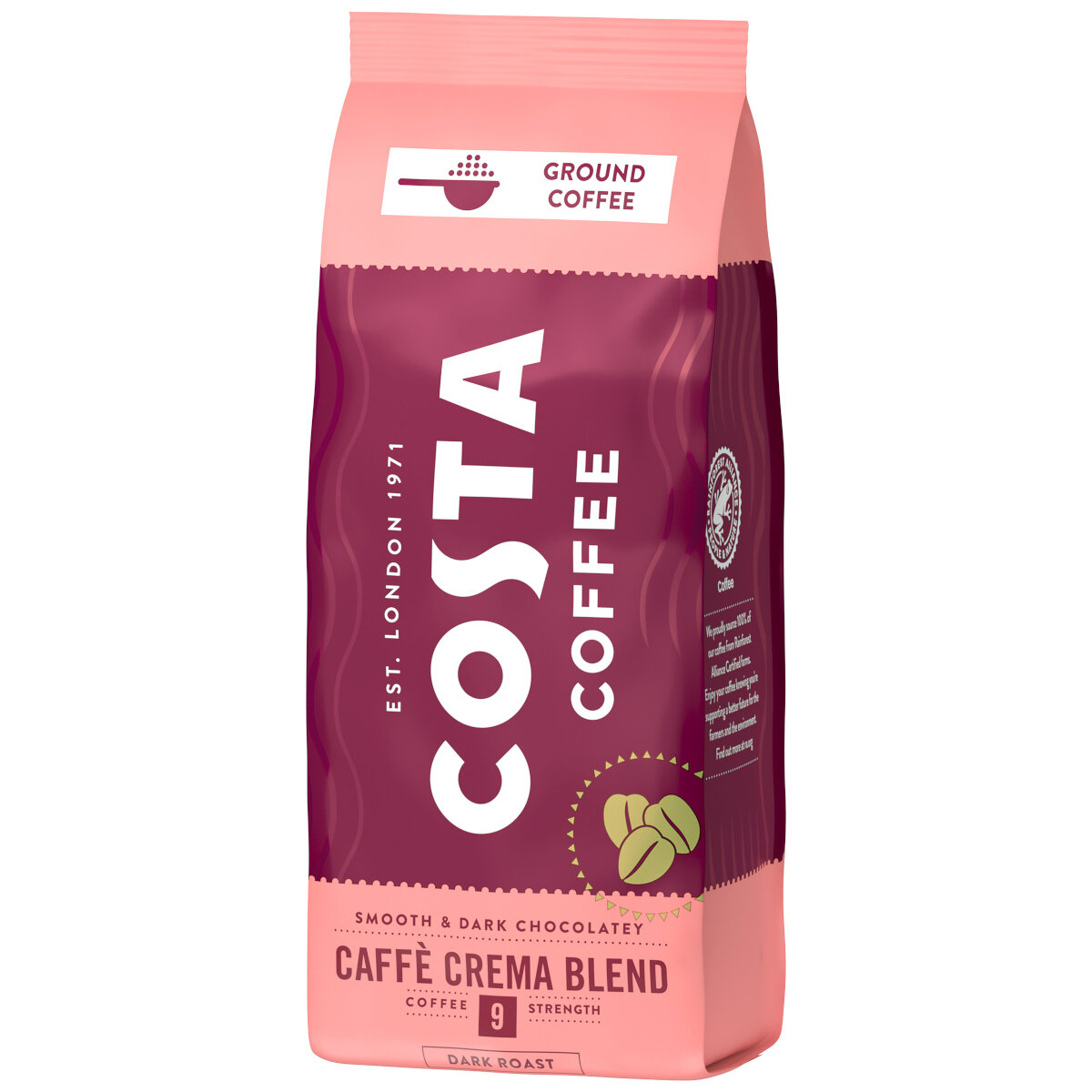 Różowa torba Costa Coffee z nazwą marki dużymi białymi literami.