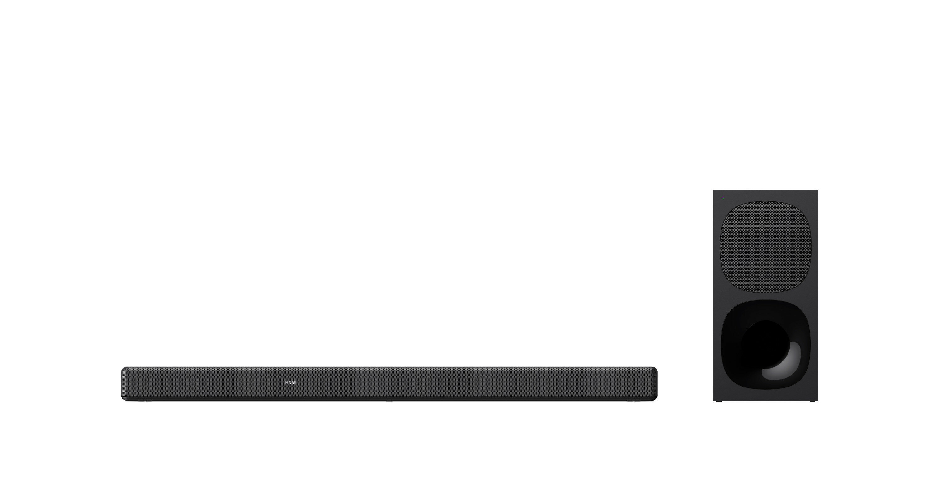 Soundbar i subwoofer na białym tle. Soundbar ciemnoszary z HDMI. Subwoofer czarny.