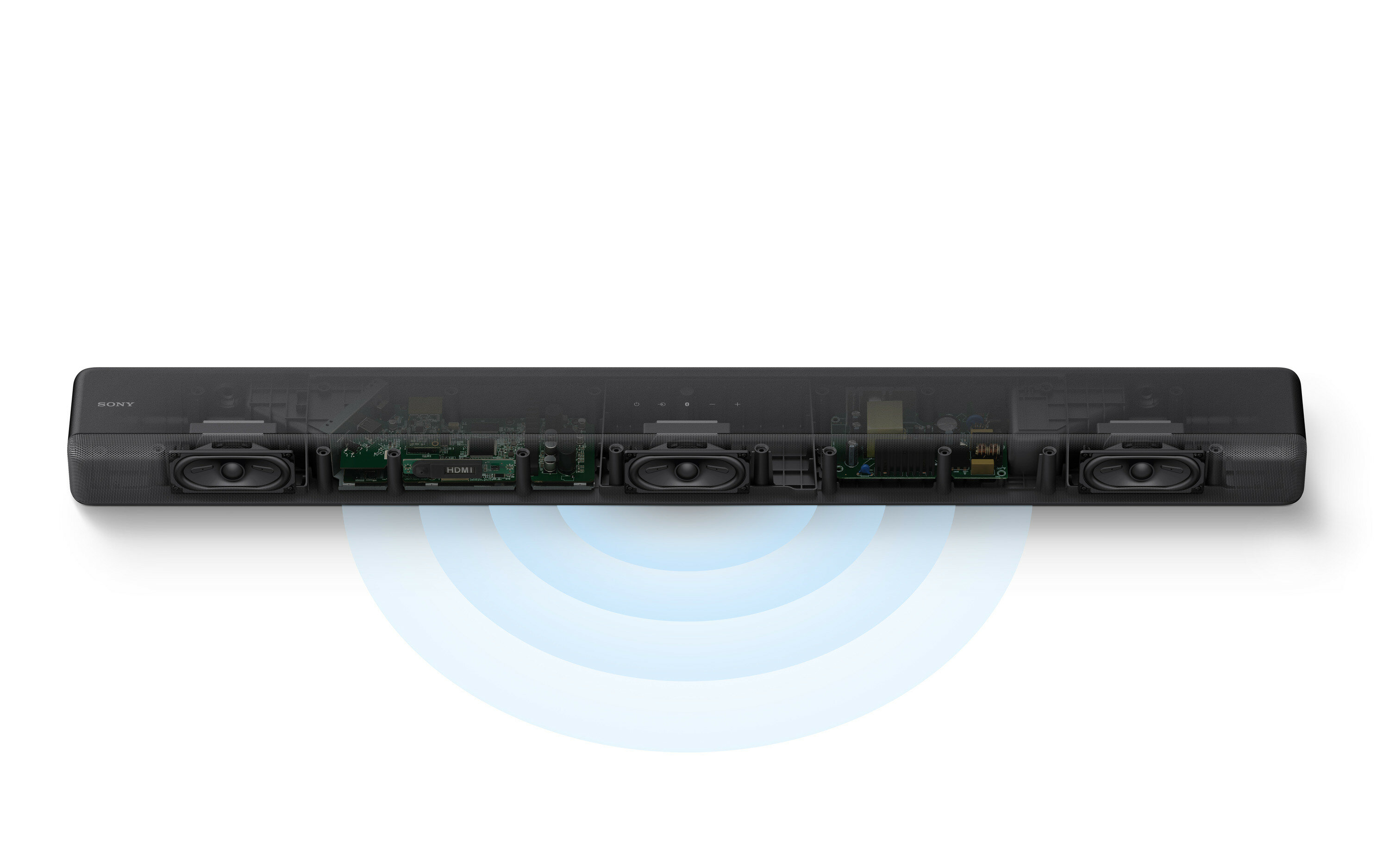 Czarny soundbar z widocznymi elementami wewnętrznymi. Fale dźwiękowe emitowane z przodu.