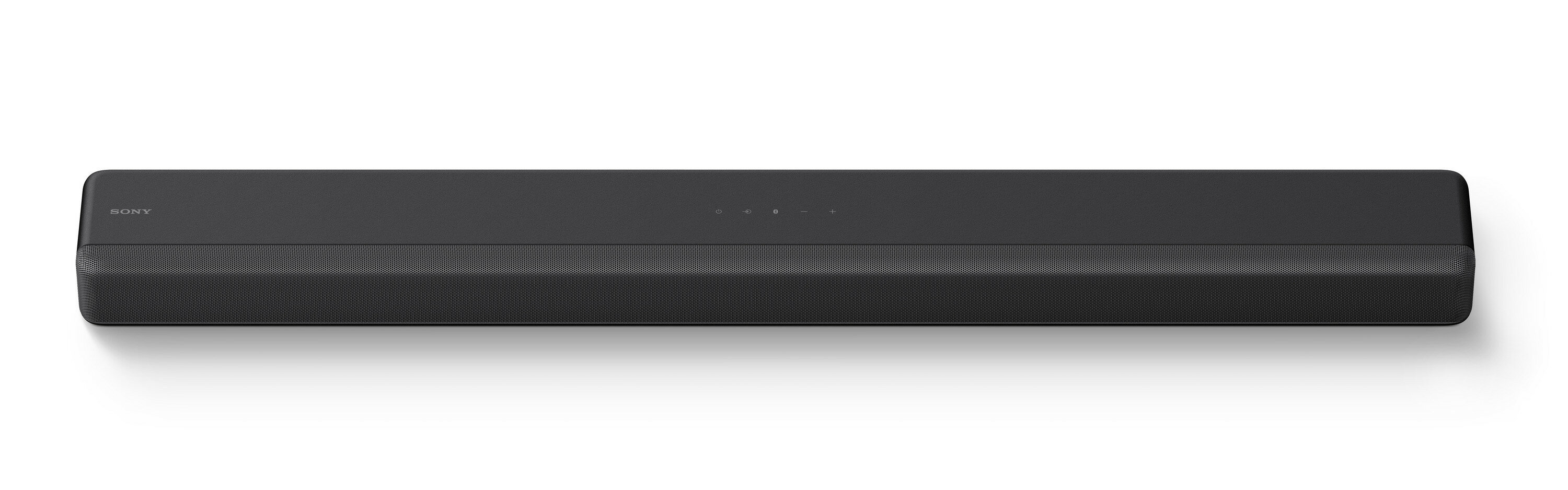 Czarny soundbar na białym tle. Ma płaską konstrukcję z maskownicą głośnika i przyciskami na górze.