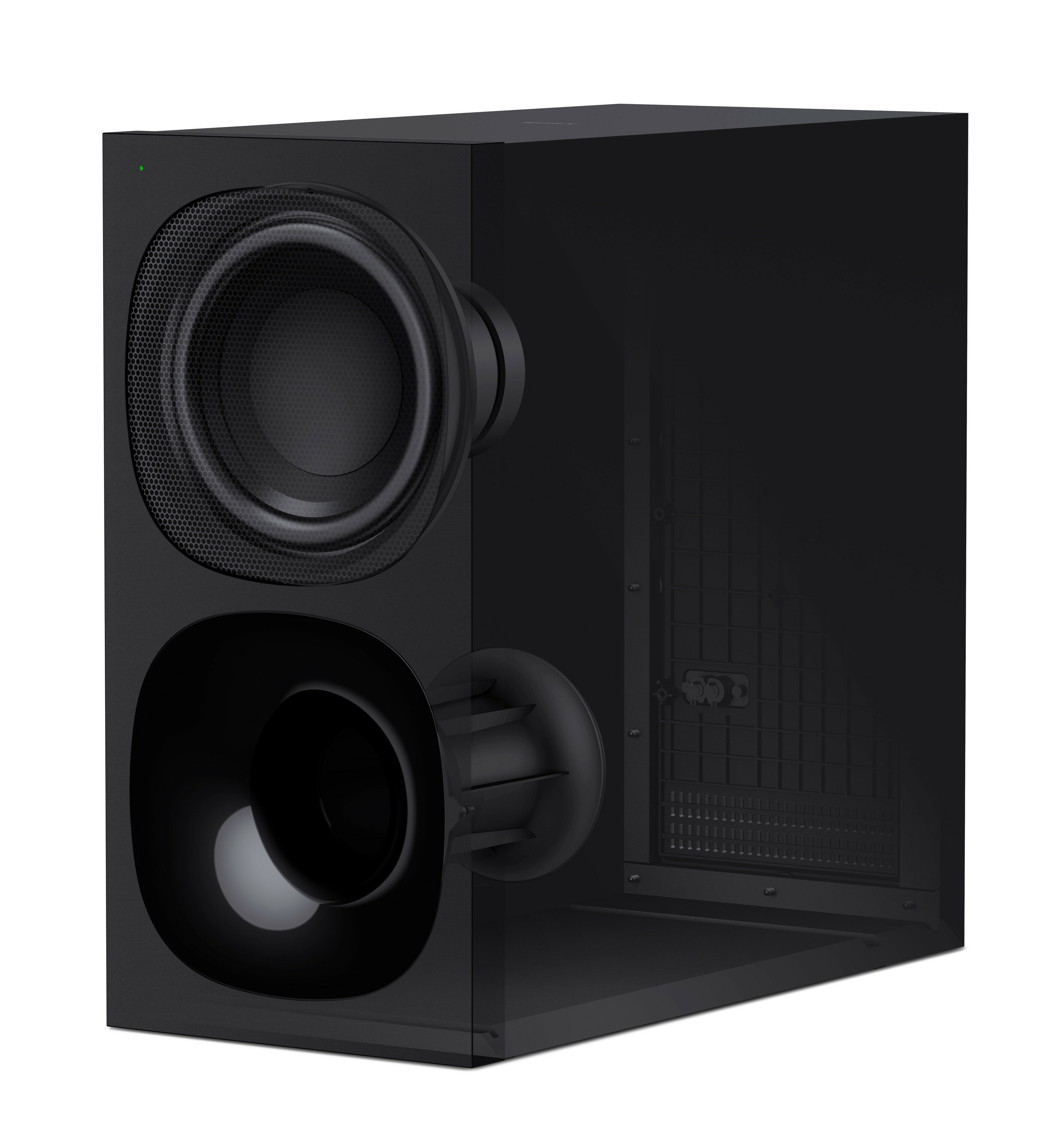 Czarny subwoofer z dwoma widocznymi głośnikami i przezroczystym bokiem.