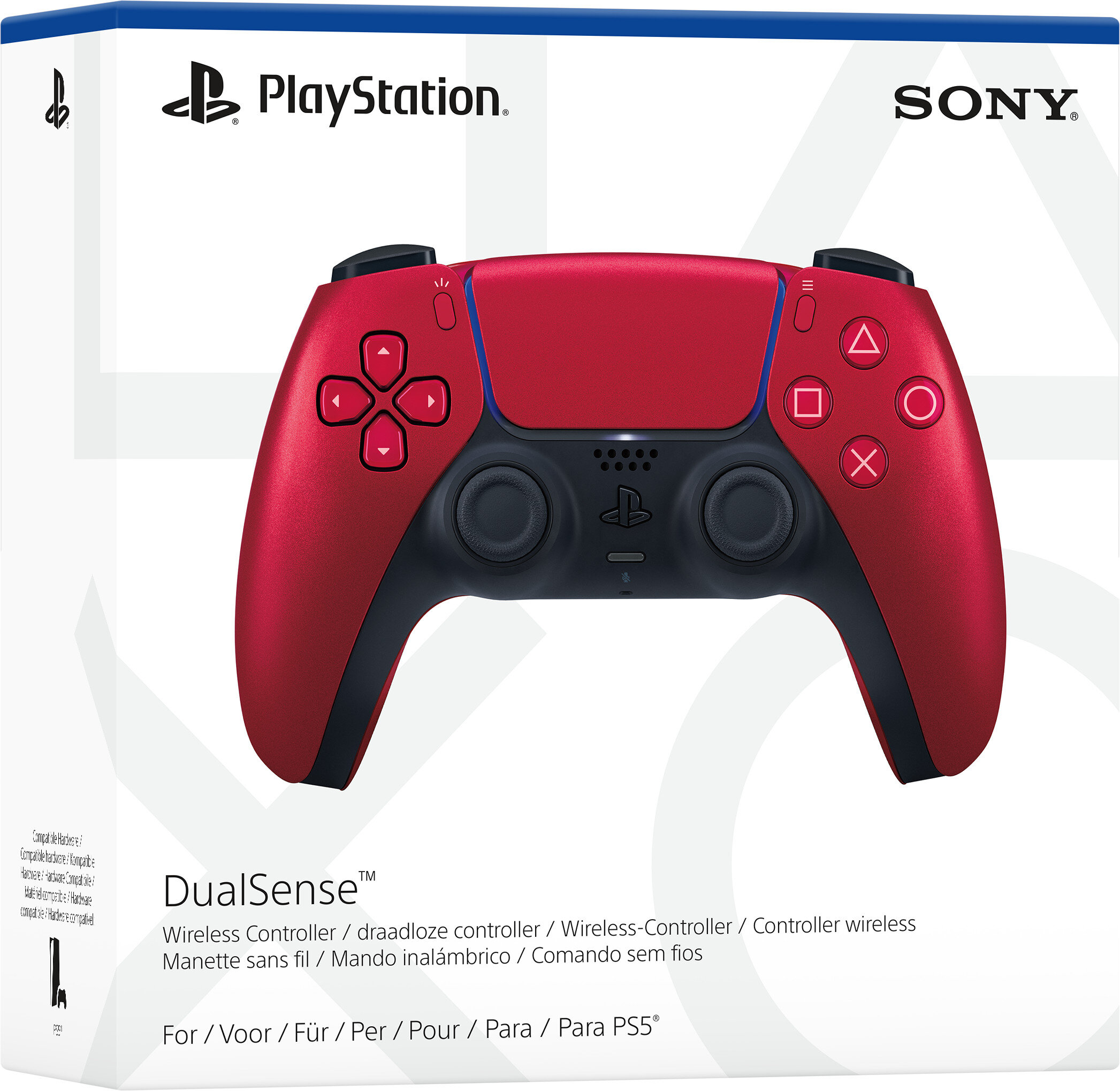 Czerwono-czarny kontroler PlayStation DualSense na białym pudełku, z logo PlayStation.