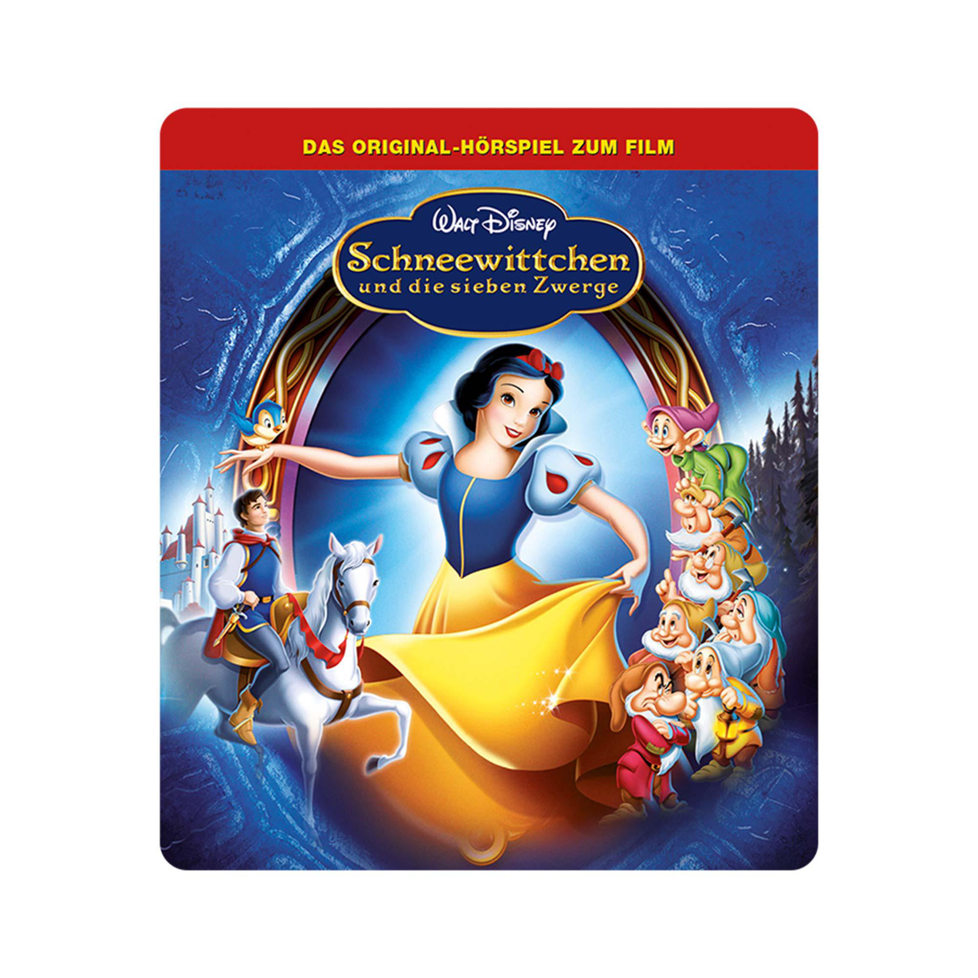 Schneewittchen-Filmcover mit Schneewittchen und Zwergen, blauer Hintergrund.