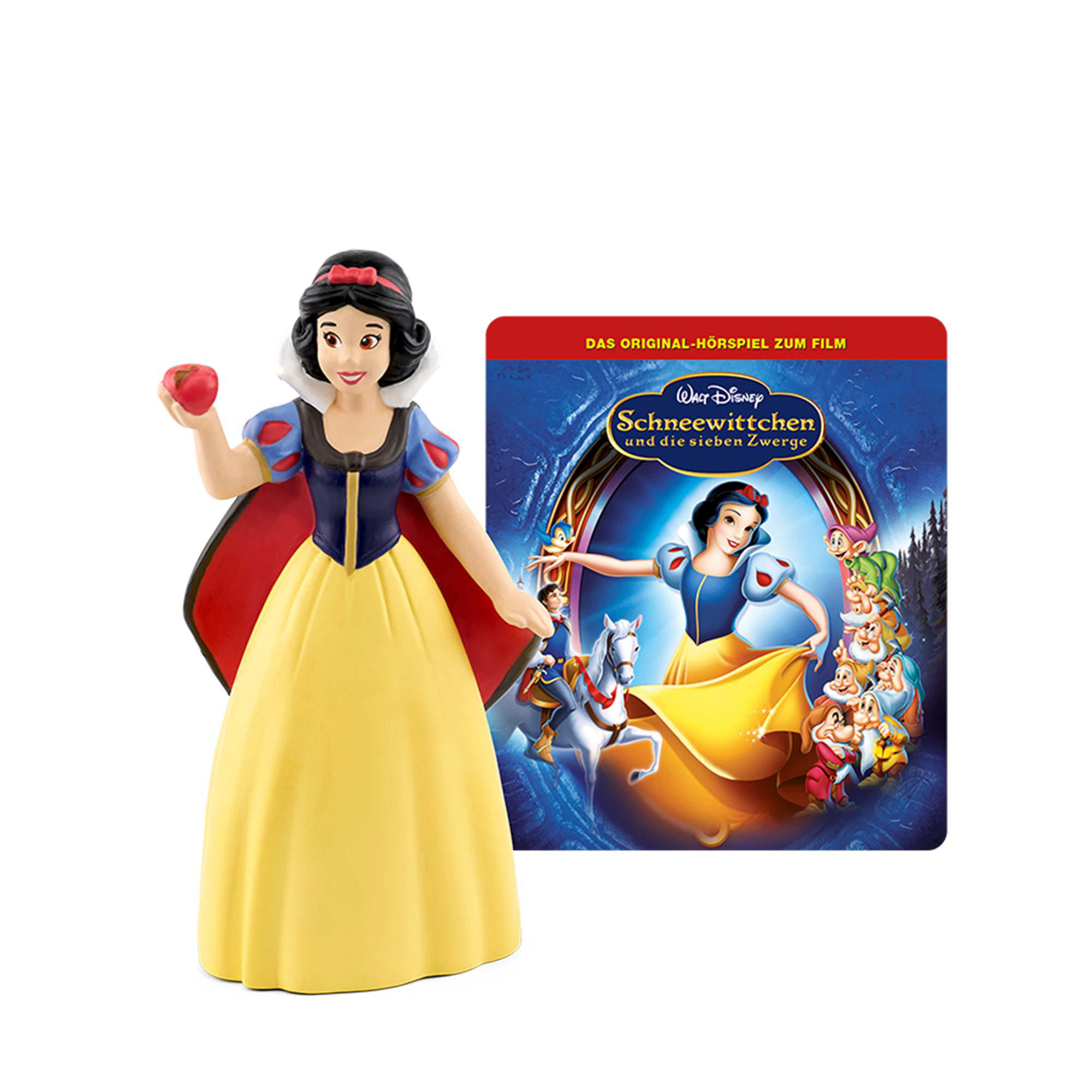 Schneewittchen-Figur mit Apfel, neben einem Blu-ray-Filmcover.