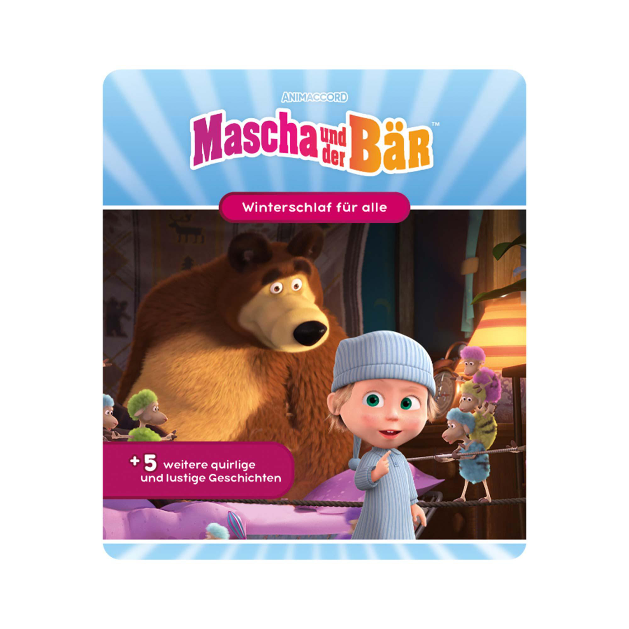 Cartoon-Cover eines Buches mit einem Bären und einem Mädchen. Text: Mascha und der Bär.