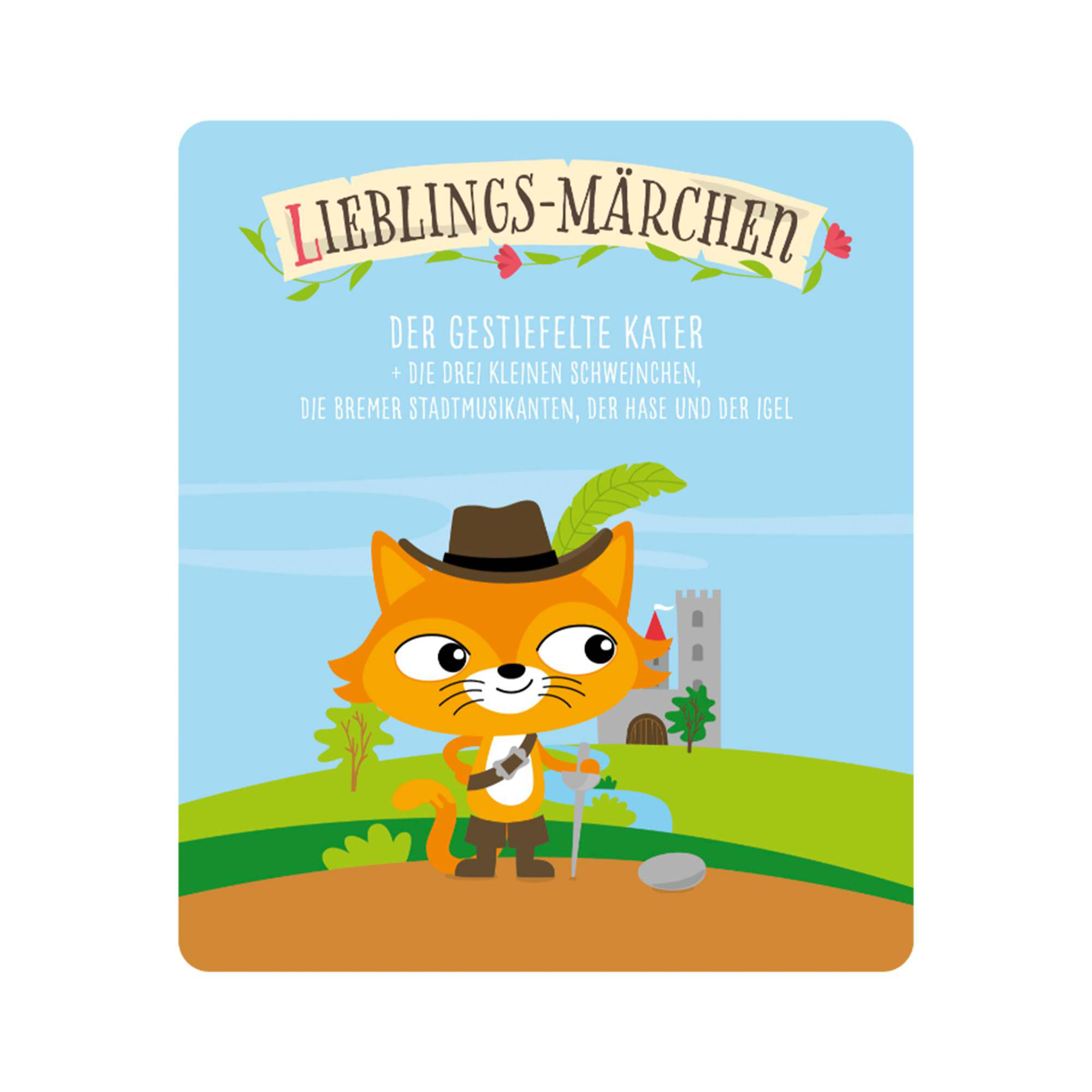 Ein illustriertes Buchcover zeigt eine Zeichentrickkatze mit Hut und eine Burg im Hintergrund.
