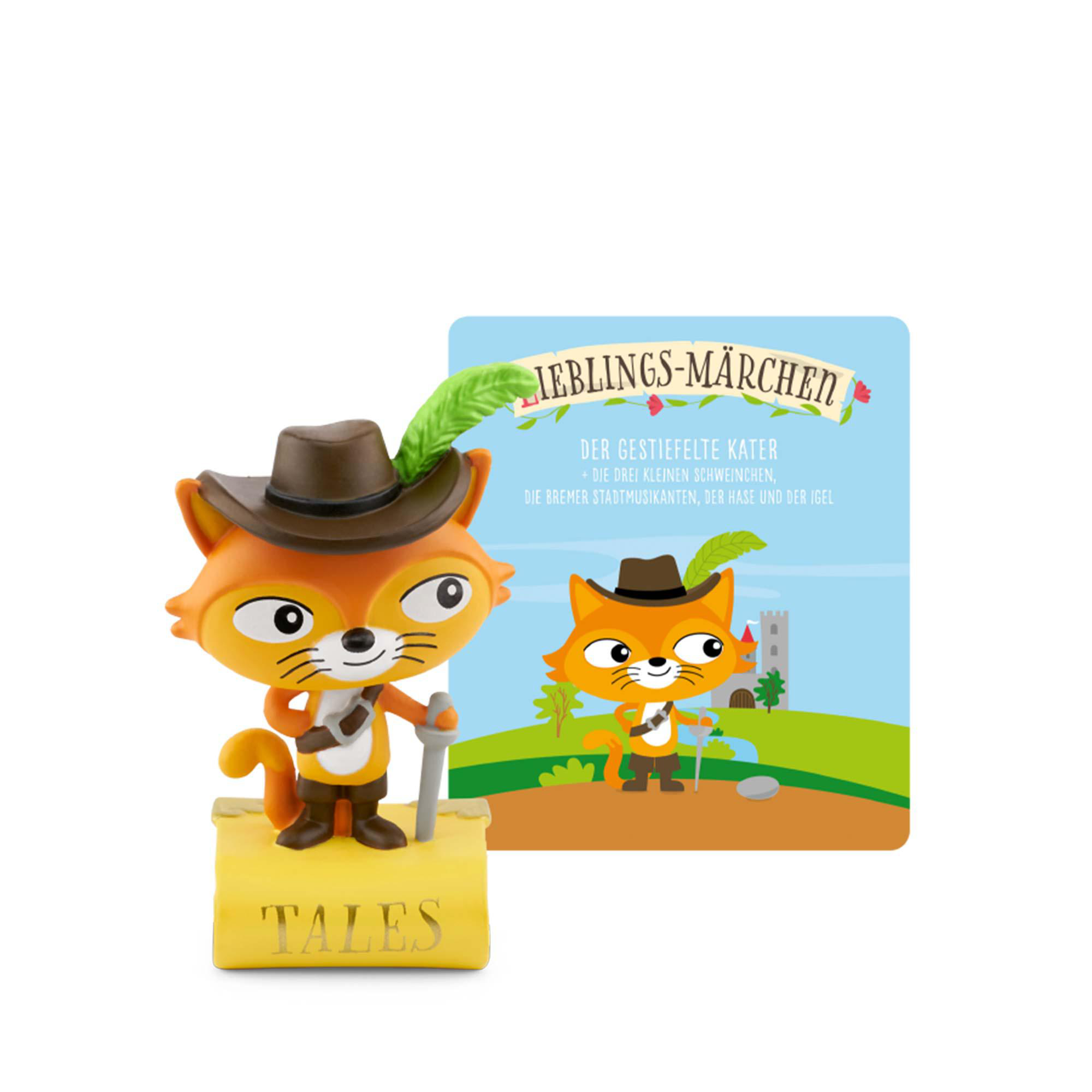 Fuchsfigur mit Hut und Stock neben einer Karte mit zwei Fuchsillustrationen und Text.