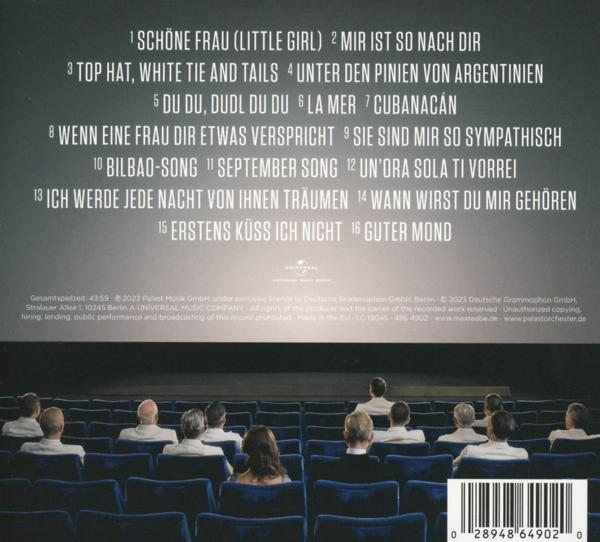 Rückseite einer CD-Hülle mit einer Liste deutscher Songtitel und einem Bühnenfoto.