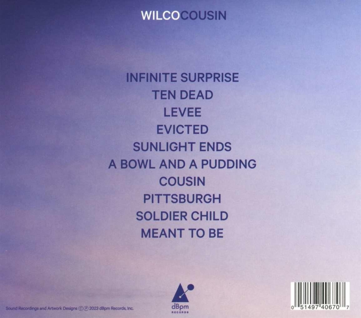 Rückseite eines CD-Covers mit Titelliste für Wilcos Album 'Cousin'. Farbverlauf lila Hintergrund.