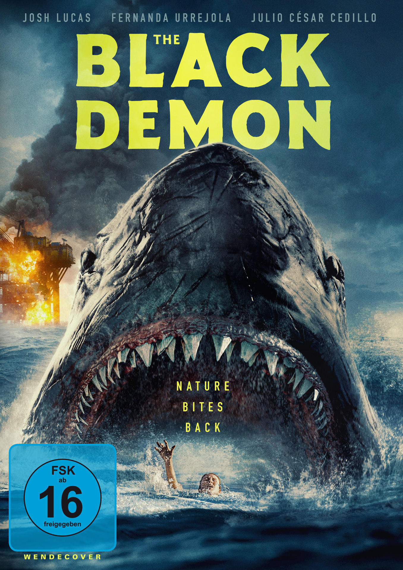 Das Black Demon Filmplakat. Ein Hai mit offenem Maul greift einen Mann im Wasser an. Der Titel ist gelb.