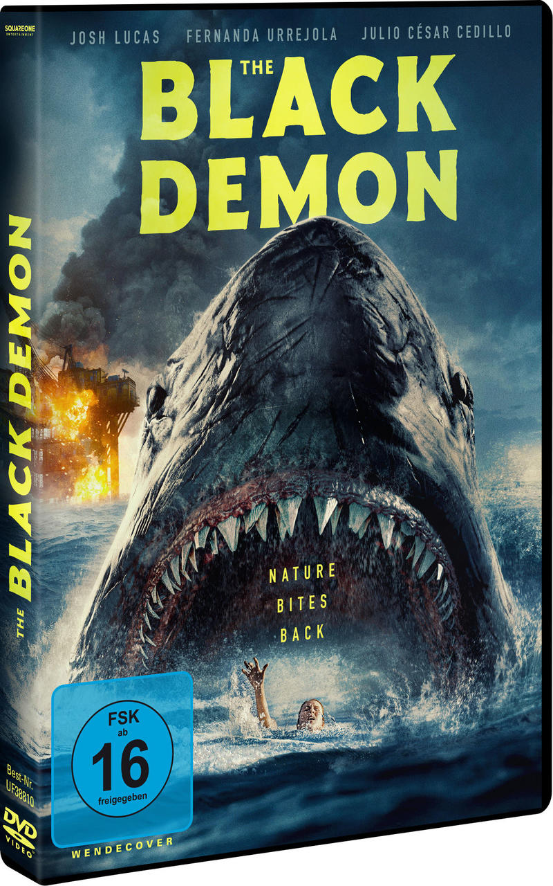 Das Black Demon-Filmposter: ein Hai mit einem Mann im Ozean.