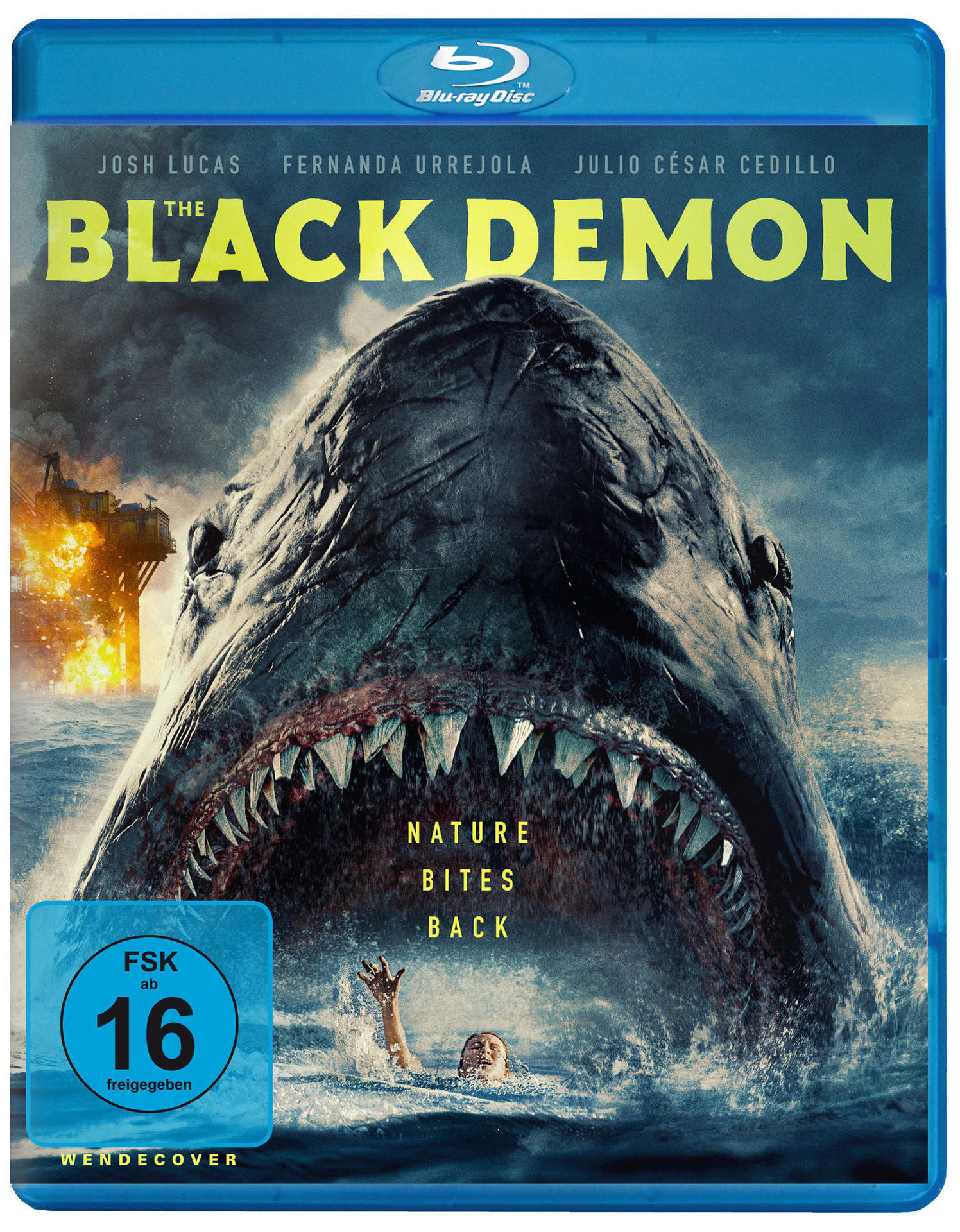 The Black Demon Blu-ray-Cover mit Hai, Person im Wasser und Text.