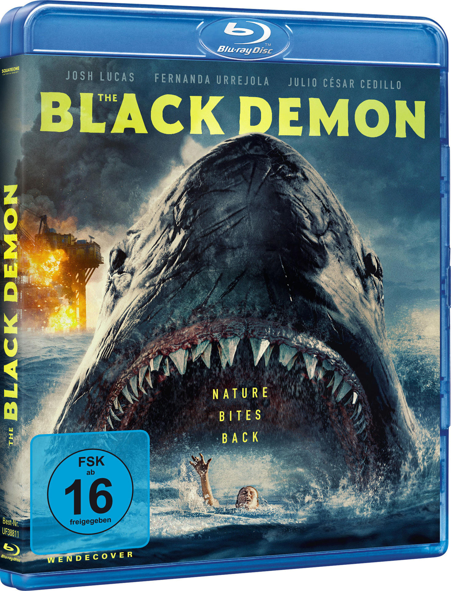 Blu-ray-Disc-Cover: Ein Hai mit offenem Maul greift eine Person im Ozean an.