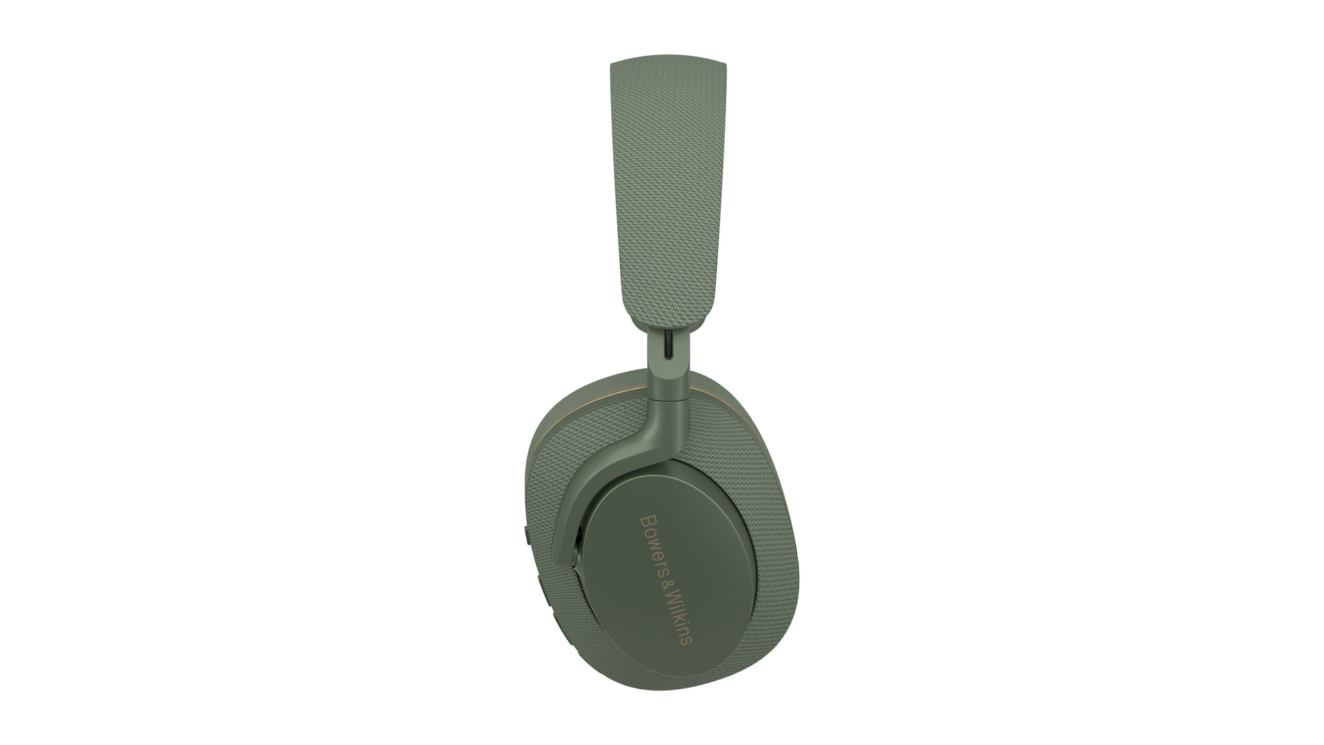 Grüne Bowers & Wilkins Kopfhörer, abgewinkelt, weißer Hintergrund. Ohrmuscheln und Bügel sichtbar.