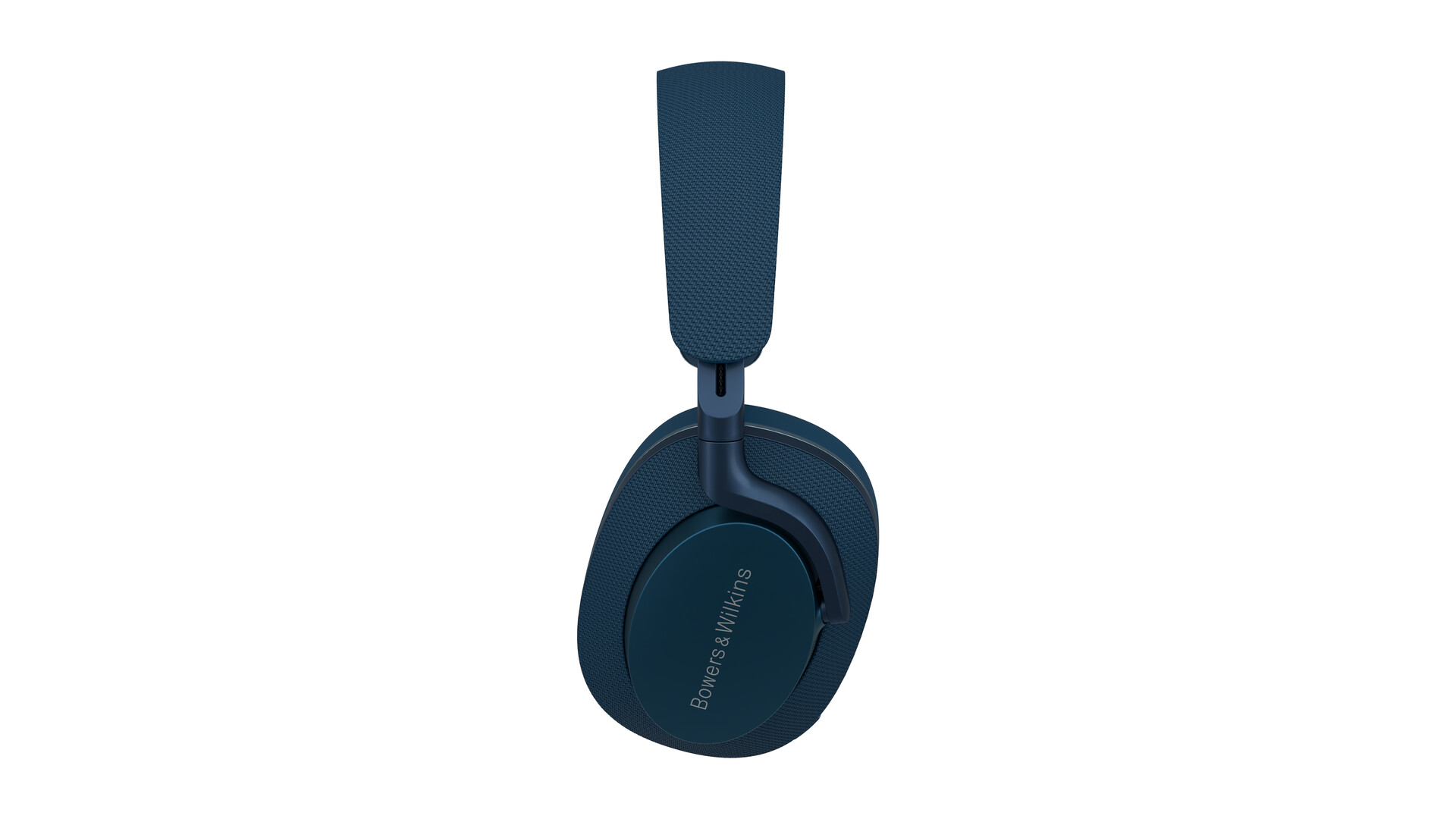 Ein Paar blaue Bowers & Wilkins Kopfhörer, Seitenansicht.