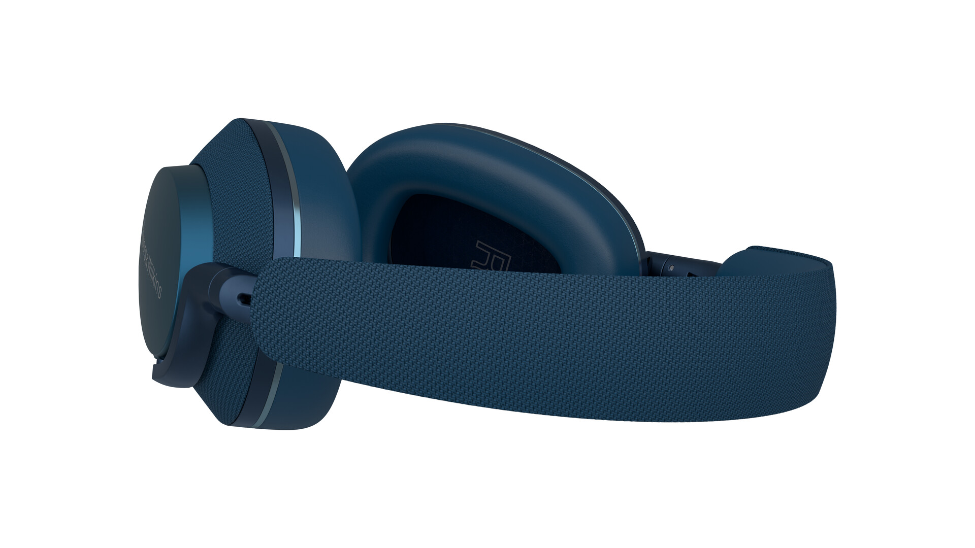 Blaue Over-Ear-Kopfhörer. Zusammengeklappt, zeigt Ohrmuscheln und Kopfband. Weißer Hintergrund.