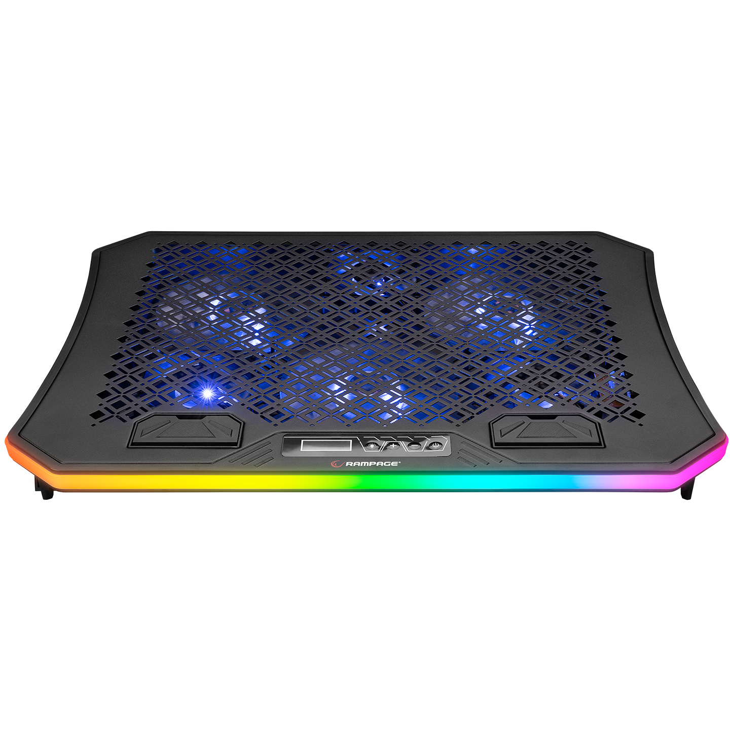 RGB ışıkları ve fan tasarımı olan siyah dizüstü bilgisayar soğutma pedi.