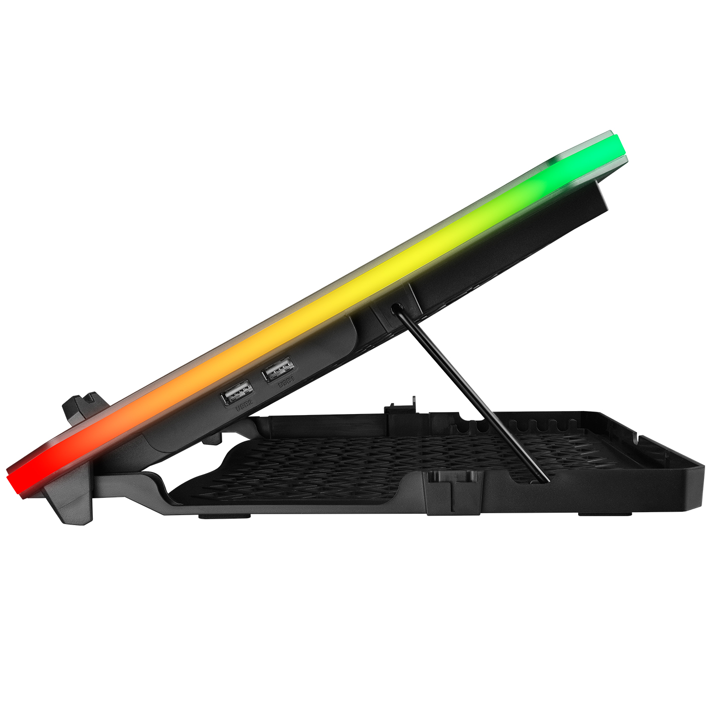 Üst kenarında çok renkli bir LED ışık şeridi bulunan dizüstü bilgisayar standı. USB portları görünür.