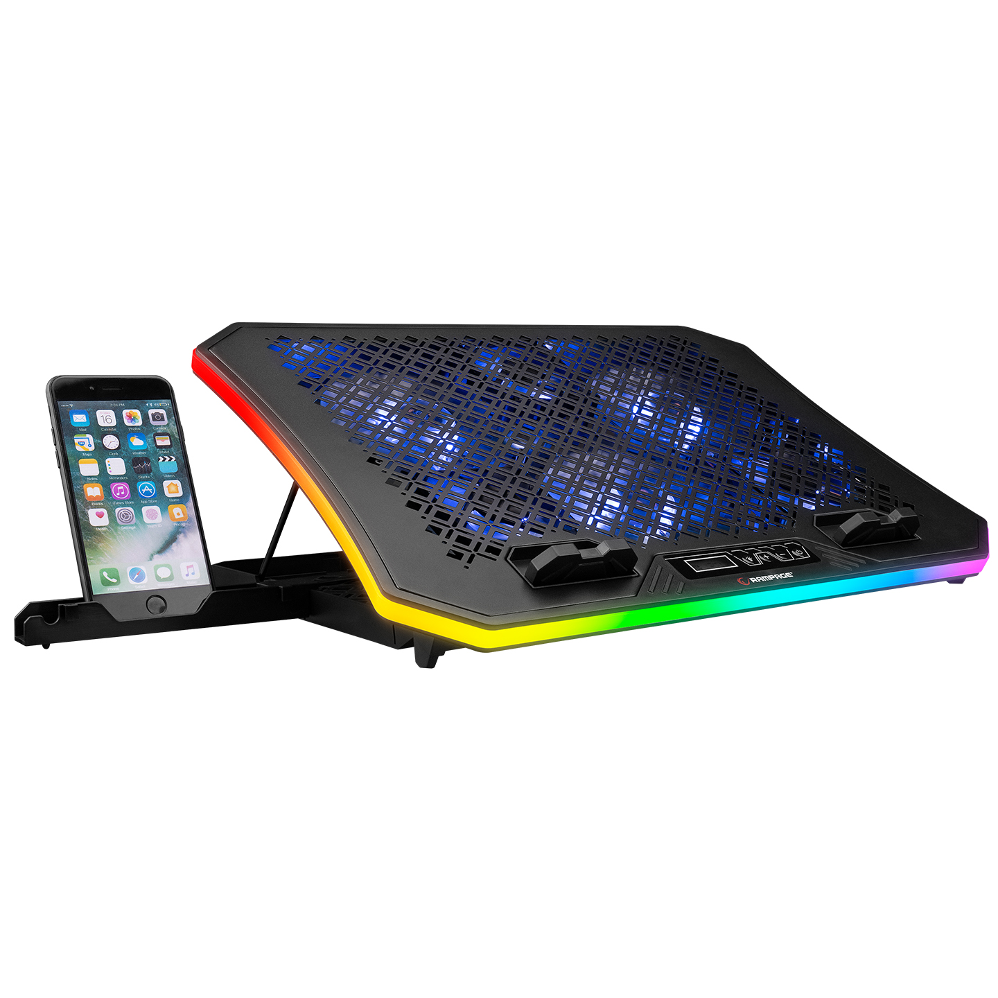Yanında bir telefon bulunan siyah bir dizüstü bilgisayar soğutucusu. Soğutucunun RGB ışıkları var.