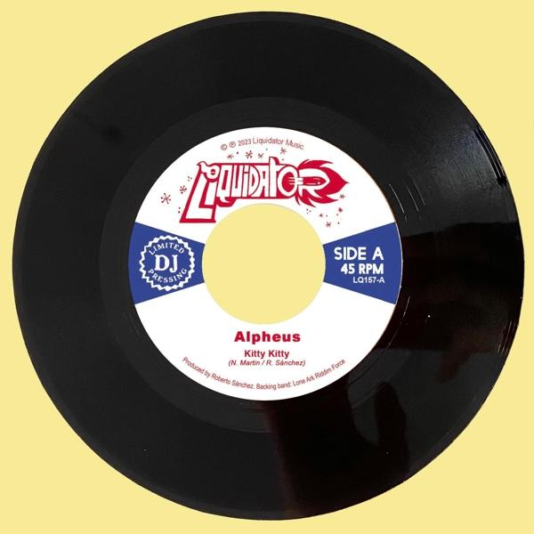 Schwarze Schallplatte mit buntem Label. Es steht 'Alpheus' und 'Kitty Kitty' und Liquidator Music.