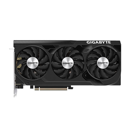 GIGABYTE etiketli, üç fanlı siyah bir grafik kartı.