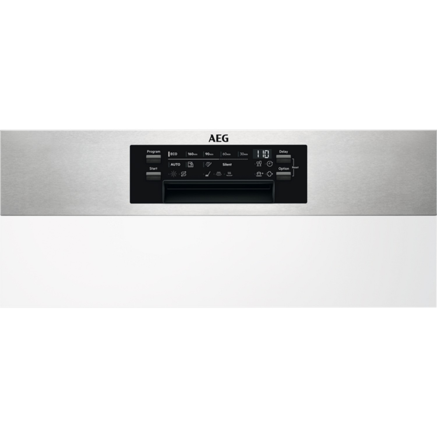 Close-up of a dishwasher control panel with buttons and a digital display.