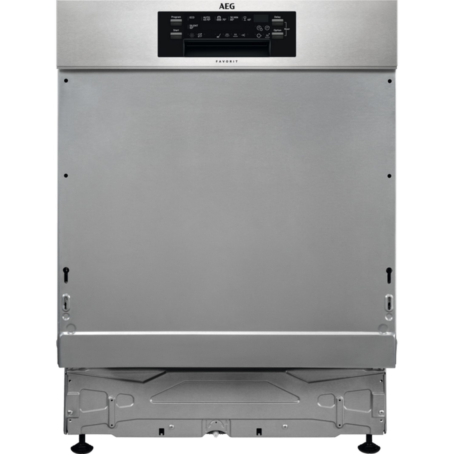 AEG Favorit dishwasher, stainless steel front with control panel and black feet.
