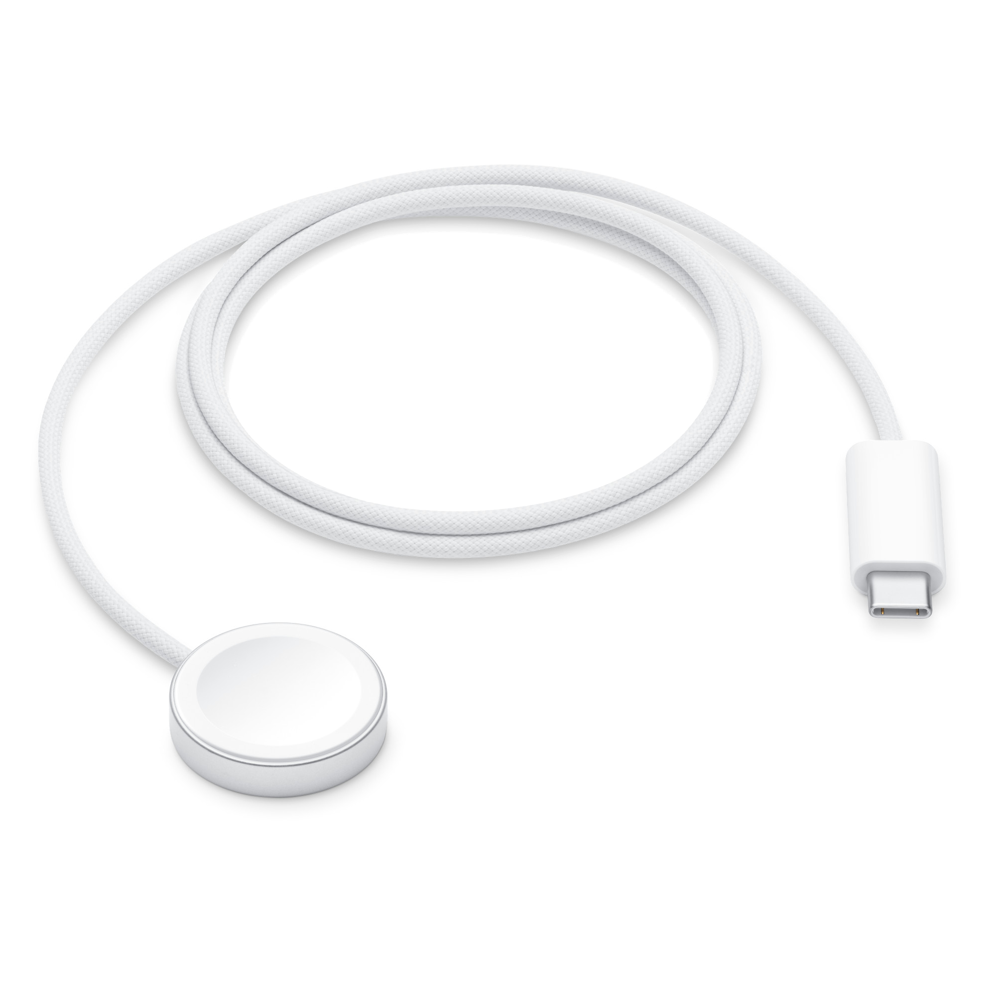 Dairesel şarj pedi ile beyaz Apple Watch şarj kablosu.