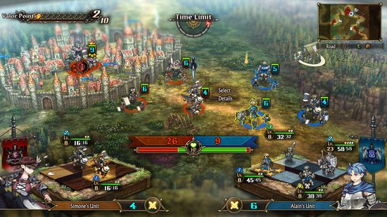 Une vue de dessus d'un écran de jeu vidéo stratégique avec des unités sur un champ de bataille.