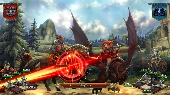 Scène de bataille de jeu vidéo avec des chevaliers, des dragons et un personnage féminin.