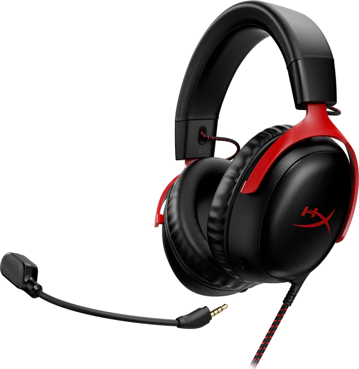 Casque de jeu noir et rouge avec microphone. Logo HyperX visible.