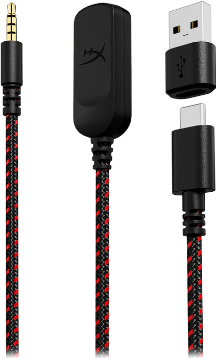 Câbles audio noirs et rouges avec connecteurs USB, USB-C et jack 3,5 mm. Fond blanc.