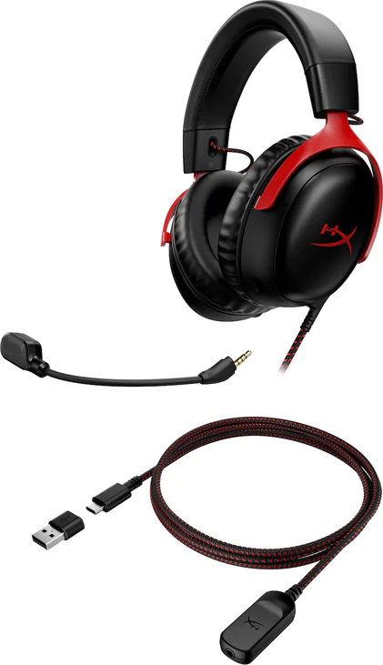Casque de jeu noir et rouge, avec un microphone et des câbles.