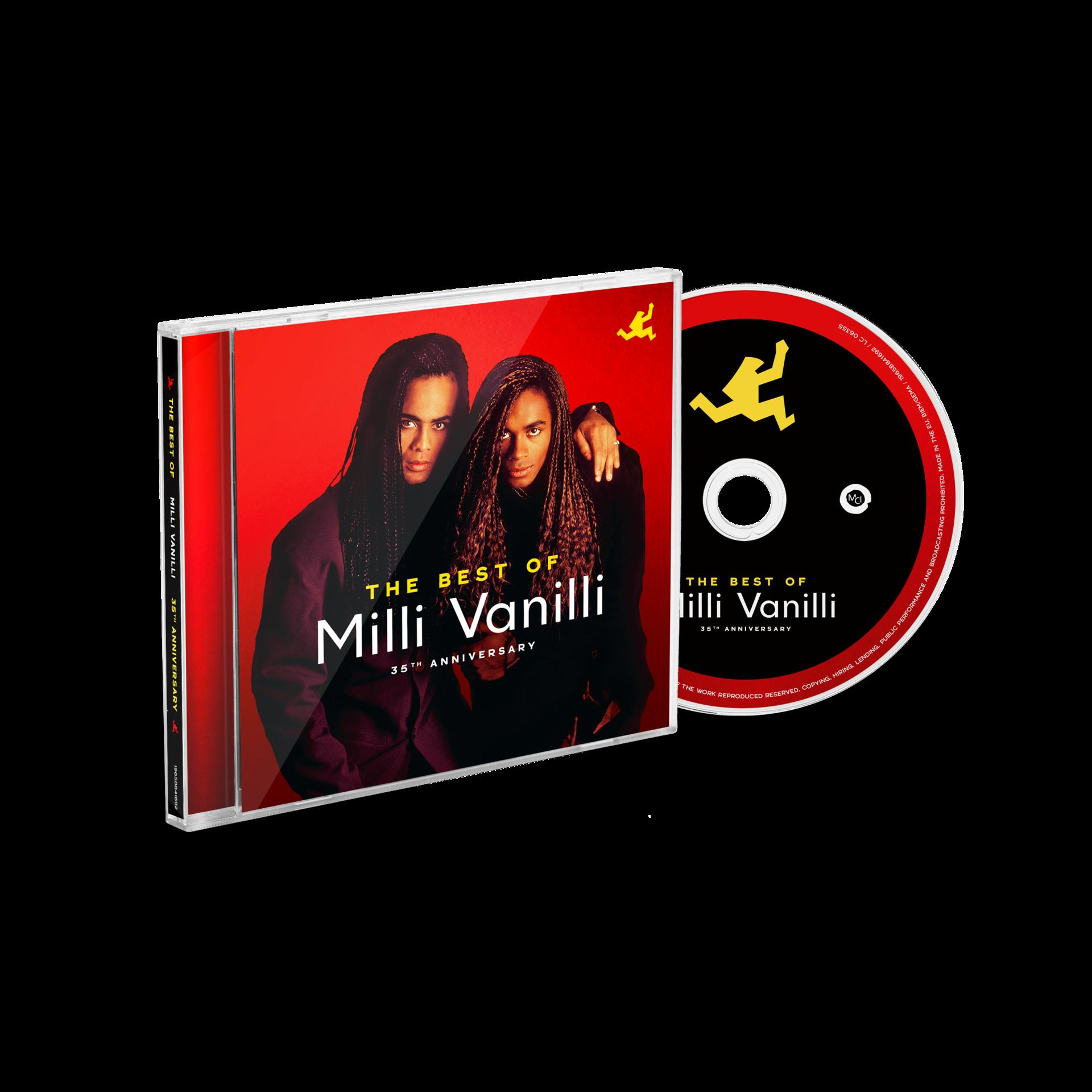 CD-Hülle mit dem Album 'The Best of Milli Vanilli' auf rotem Hintergrund.