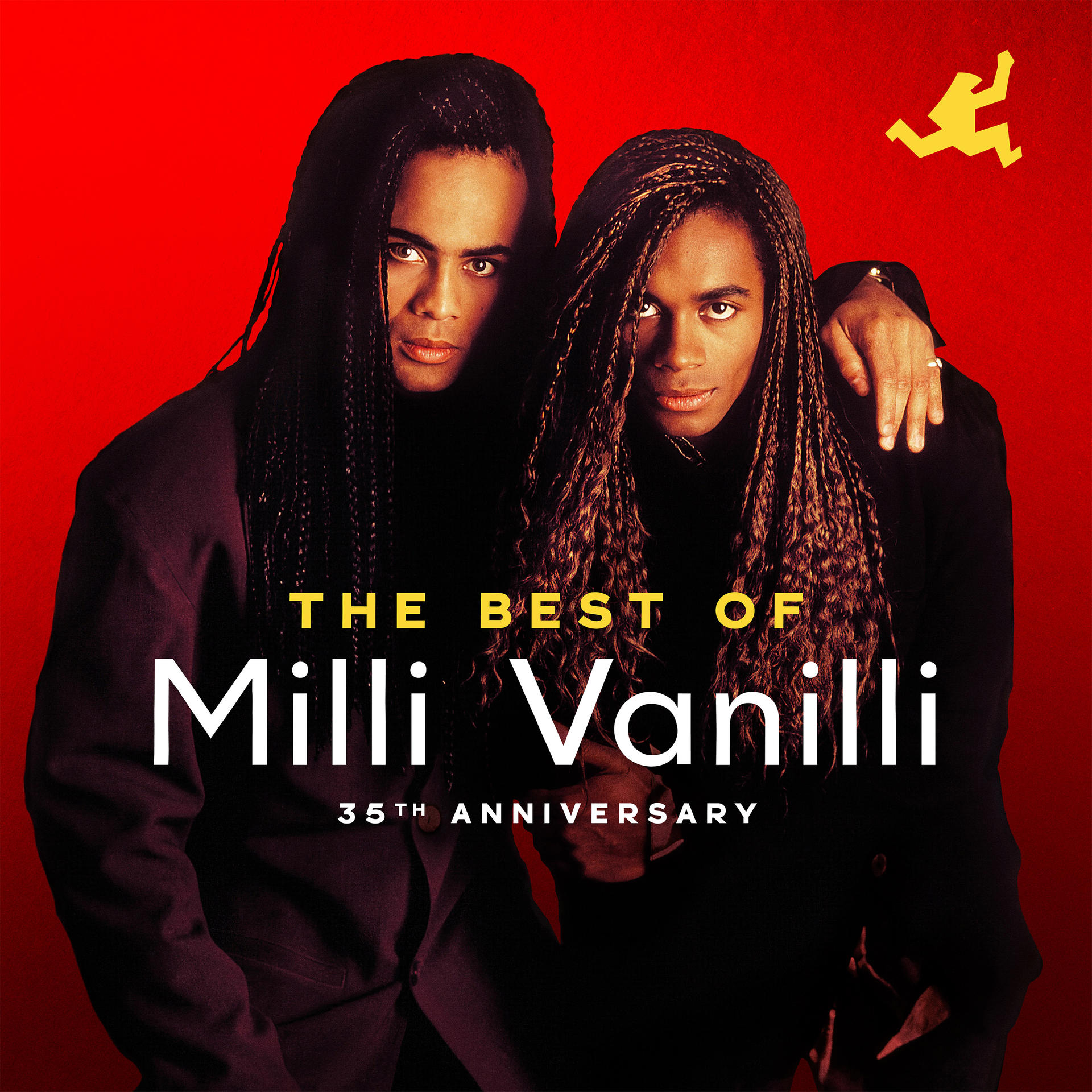 Albumcover: Zwei Männer mit langen Zöpfen auf rotem Hintergrund, Titel Milli Vanilli.