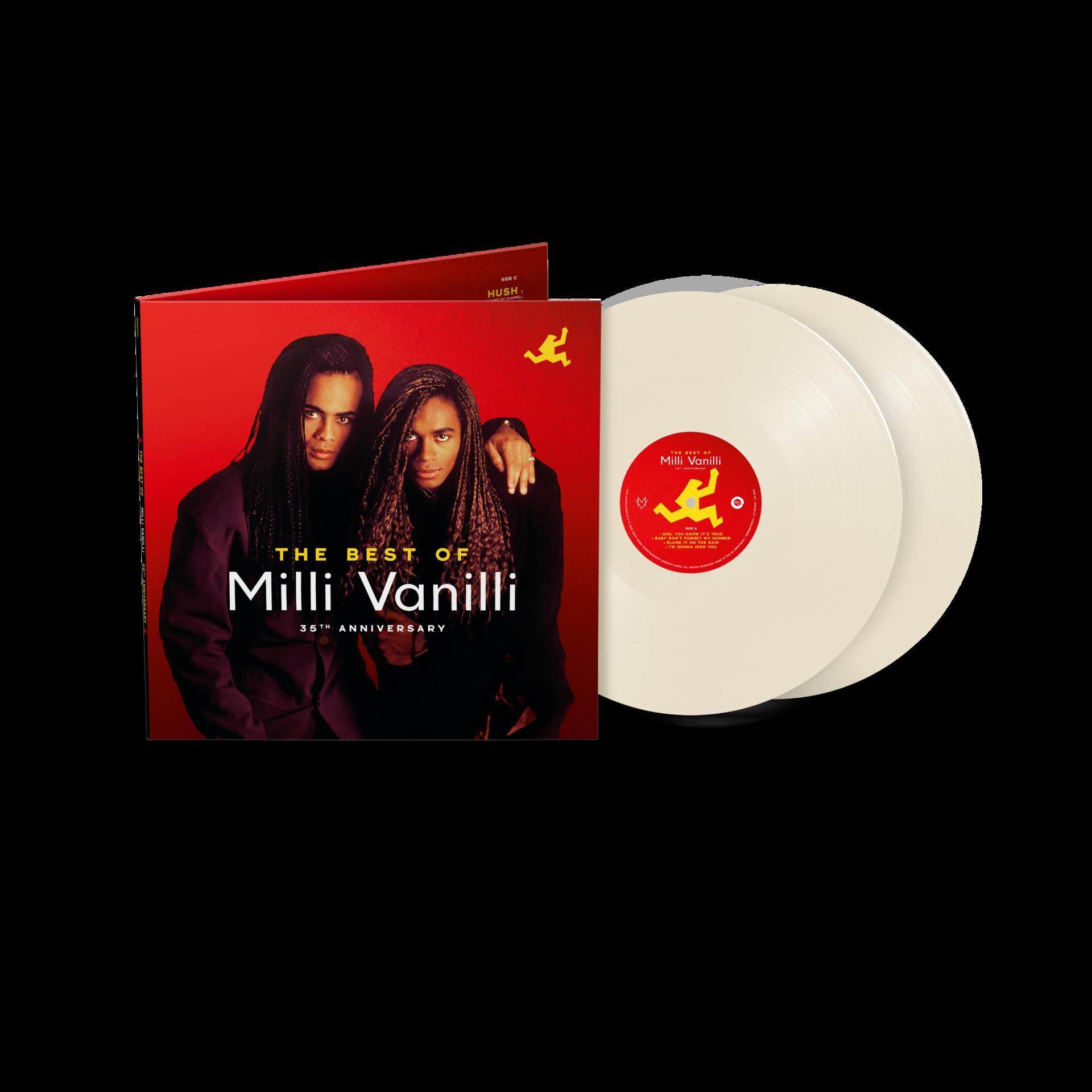 Das Albumcover von The Best of Milli Vanilli und Vinylplatten. Cover zeigt zwei Männer, Platten sind weiß.