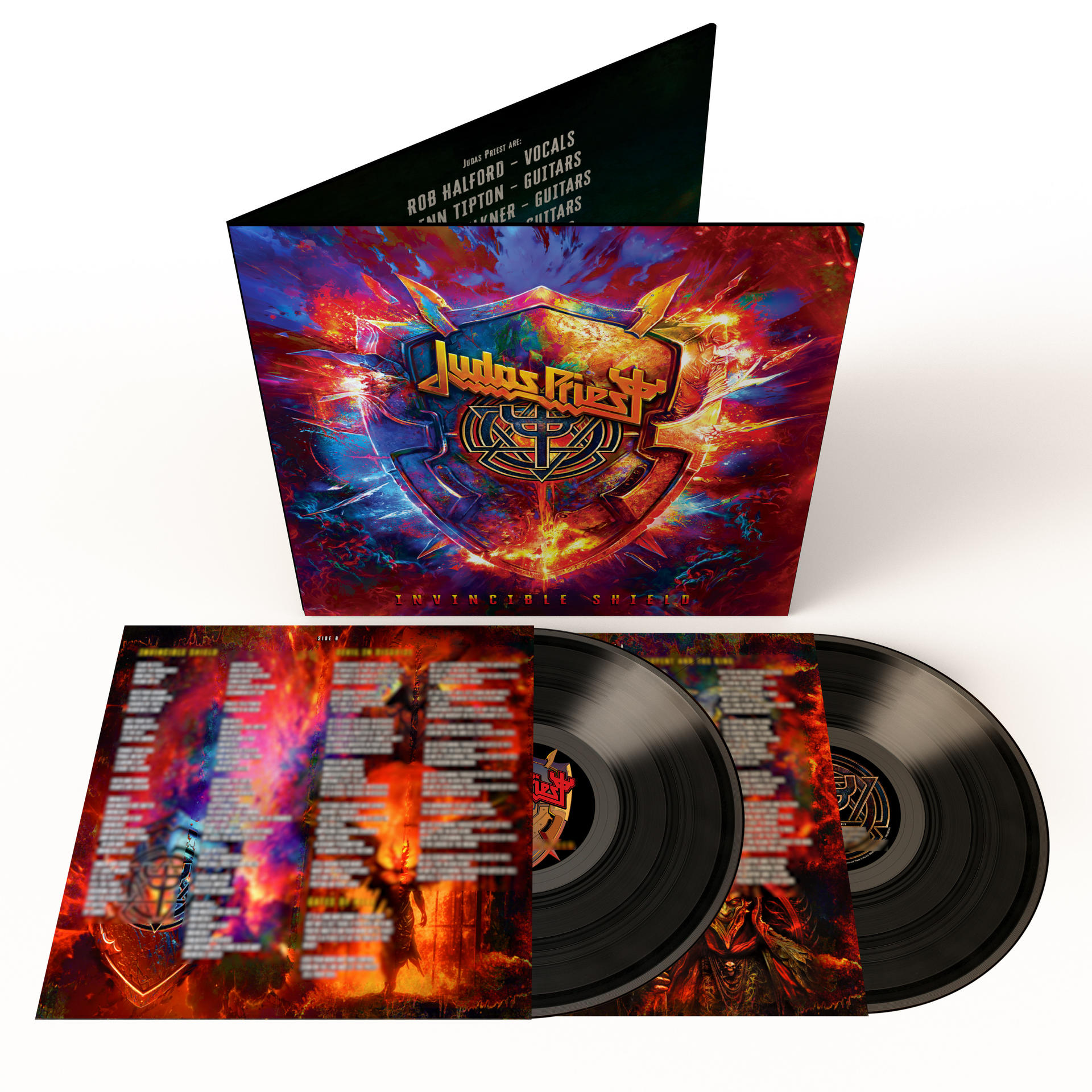 Judas Priest Albumcover mit Vinylplatten und einer offenen Innenhülle.