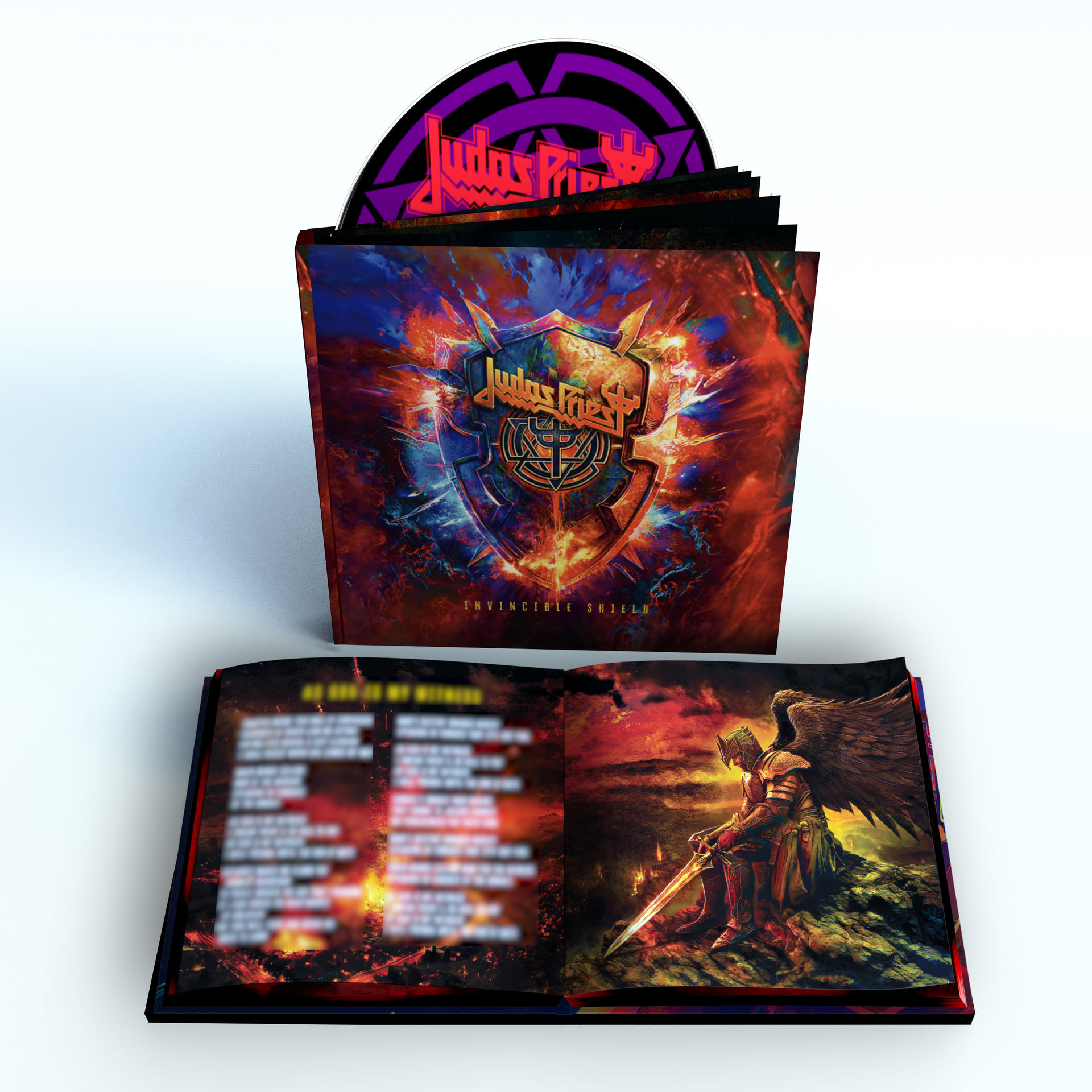CD-Album mit Albumcover eines Schildes mit dem Bandnamen Judas Priest. Das Album ist geöffnet.