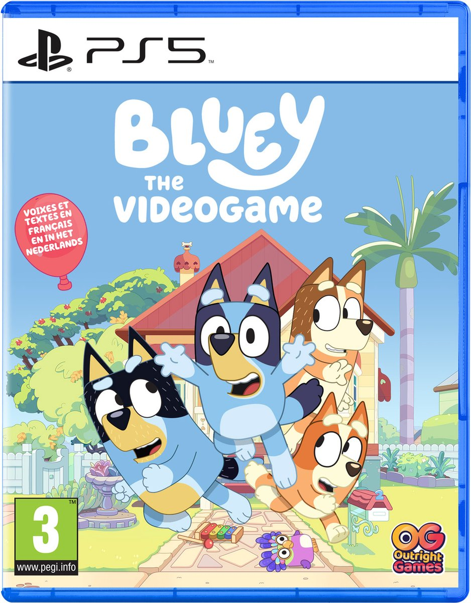 Illustration de la boîte de Bluey The Videogame. Montre les personnages de la série, avec le titre du jeu.