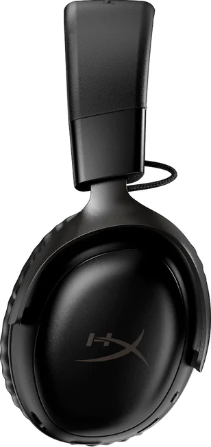 Cuffie da gioco HyperX nere con il logo HyperX. Sfondo nero.