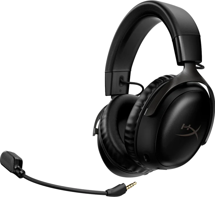 Cuffie da gioco nere con microfono. Il logo HyperX è visibile.