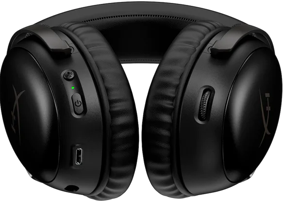 Cuffie da gioco nere con pulsante di accensione, controllo volume e porta USB.
