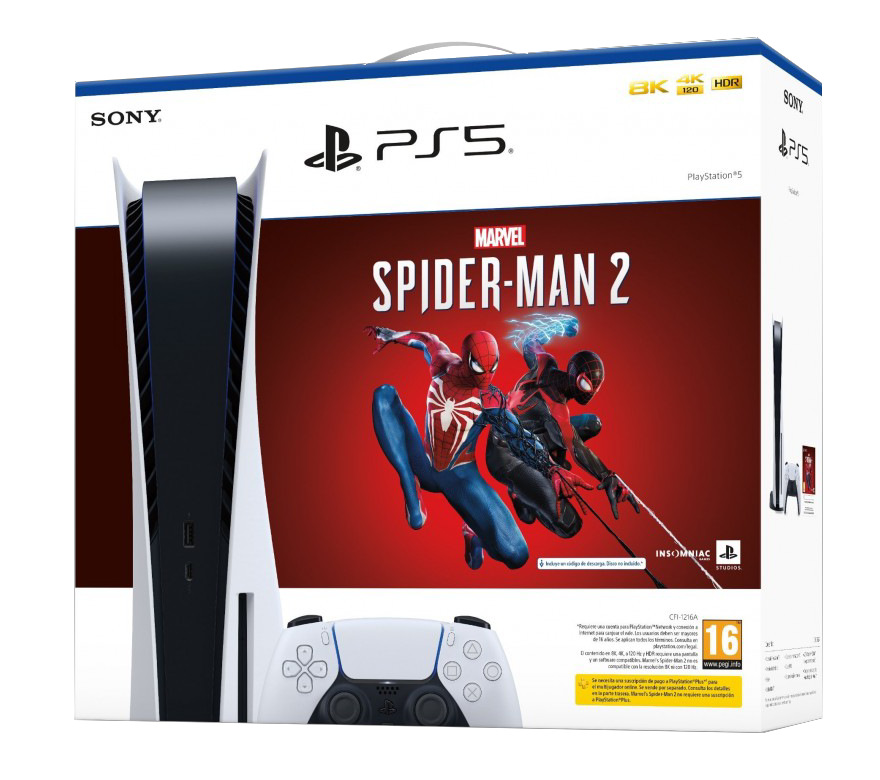 La caja del juego de PS5 Marvel's Spider-Man 2 con la consola y el mando.