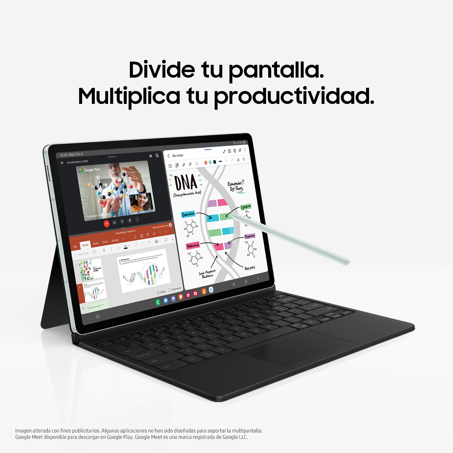 Tableta con teclado mostrando una lección de biología y notas. Texto: "Divide tu pantalla. Multiplica tu productividad".