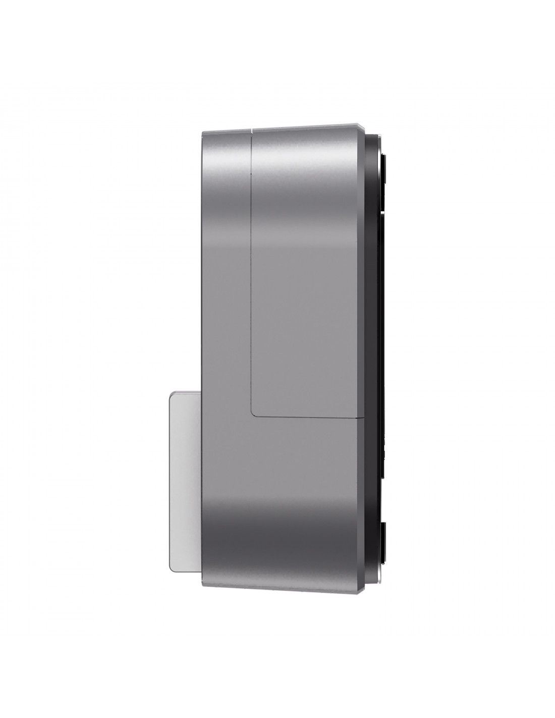 Vista lateral de una cerradura de puerta inteligente plateada. Tiene una forma rectangular con una ranura para tarjeta blanca.